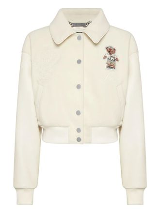 Philipp Plein Leren bomberjack verfraaid met teddybeer - Beige