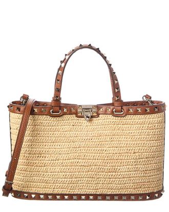 Valentino Rockstud Straw & Leather Tote