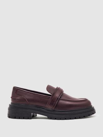 Reiss Burgundy Leather Strap-detail Lug-sole Loafers, X09