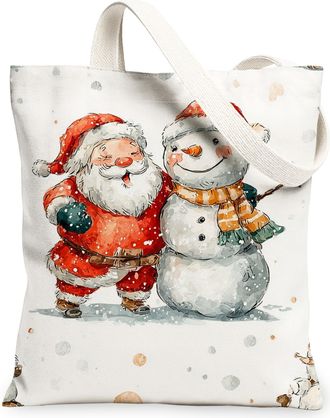 Generic Christmas Canvas Tote Bags, Fanciful Santa Snow Man Pattern Reusable Shopping Bags, Festive Lightweight Washable Shoulder Strap Canvas for Holiday Gif