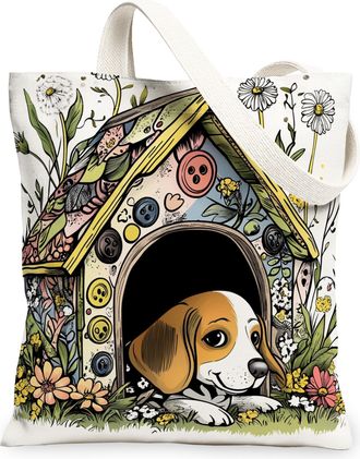 Generic Spring Beagle Dog Canvas Tote Bag for Shopping 13x15, Fun Flower Puppy Kennel Reusable Grocery Print Pattern Bag for Women, Cute Pet Beach Aesthetic P