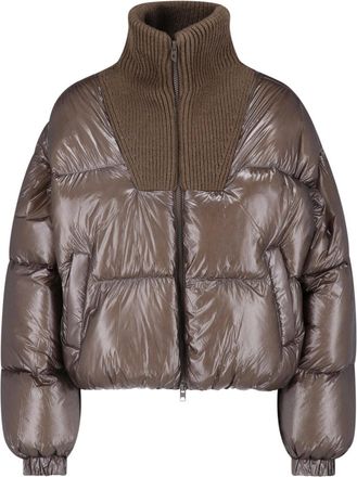 Diesel Cropped Brown Puffer Jacket with Ribbed Knit Collar and Embroidered Detail