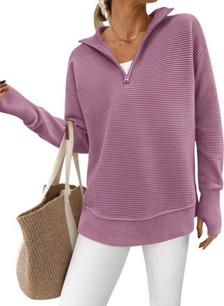 PrettyGarden Womens Long Sleeve Quarter Zip Pullover Sweater Casual Loose V Neck Collared Ribbed Knit Jumper Tops Thumb Hole, Light Purple, XL