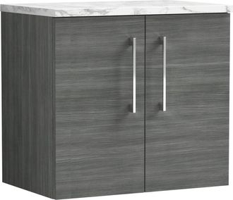 Nuie Arno Wall Hung 2-Door Vanity Unit with Carrera Marble Worktop 600mm Wide - Anthracite Woodgrain - Nuie