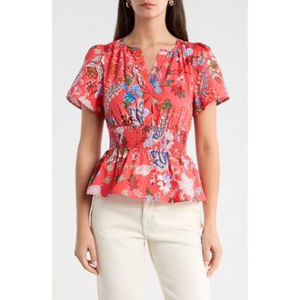 Sugarlips Oreanna Floral Sarina Smocked Top in Coral-Blue at Nordstrom, Size X-Small
