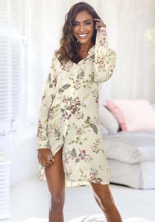 Lascana Nachthemd LASCANA, Damen, Gr. 32/34, N-Gr, beige (ecru gebl&uuml;mt), Single Jersey, Obermaterial: 50% Baumwolle, 50% Viskose, gebl&uuml;mt, bequem kurz, einges