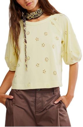 Free People Jessie Eyelet Puff Sleeve Top in Lemon Water Combo at Nordstrom, Size X-Small