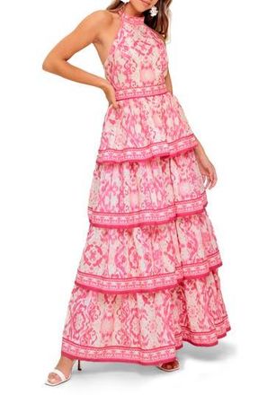 Flying Tomato Ikat Tiered Halter Maxi Dress in Ivory Fuchsia at Nordstrom Rack, Size Small