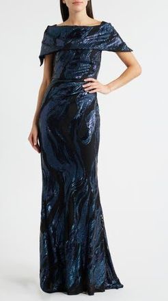 Vince Camuto Sequin Wave Off the Shoulder Gown in Navy at Nordstrom Rack, Size 2