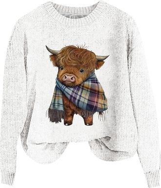 Generic Womens Highland Cow Knit Sweatshirt Crew Neck Long Sleeve Pullover Cute Plaid Scarf Cow Print Jumper Loose Casual Christmas Animal graphic Top Comfort