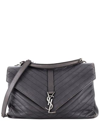 Saint Laurent Grey Matelasse Chevron Leather Classic Monogram College Bag Large (Authentic Pre-Loved)