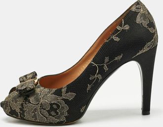 Ferragamo Gold/black Lace And Satin Talia Peep Toe Pumps