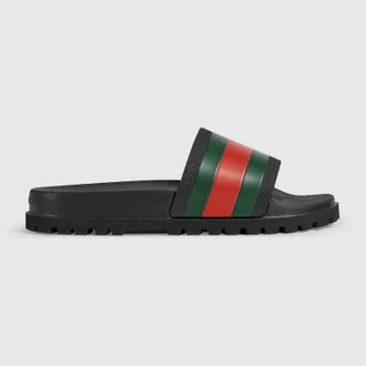 Gucci Mens Slide Sandal With Web, Green, Rubber