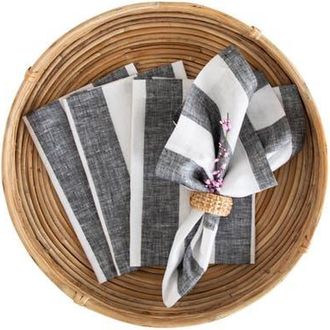Solino Home Linen Dinner Napkins Set of 4, 20 x 20 Inch for Dining Table, Holiday and Everyday Table Decor - Cabana Stripe in Black And White at