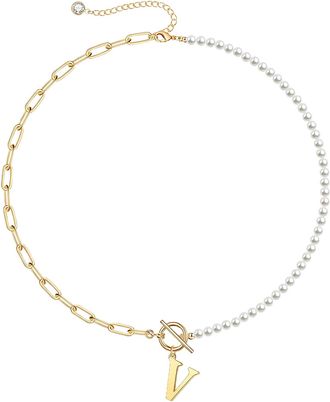 Rachel Glauber Rg 14K Gold Plated Initial Pearl Link Chain Necklace