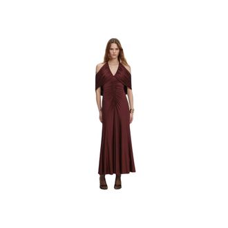 Self Portrait Maxi jurk met halternek en ruches - Dames - Jurken - Bruin - Maat: 2XS Viscose