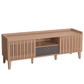 Hhg Hhg - Nunca Usado] Mueble Tv 421, Mueble Tv Lowboard, Puerta Corredera 56x150x40cm, Beige, Caj&oacute;n Gris