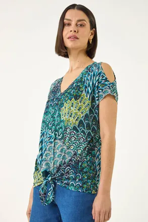Roman Abstract Print Tie Front V-Neck Top
