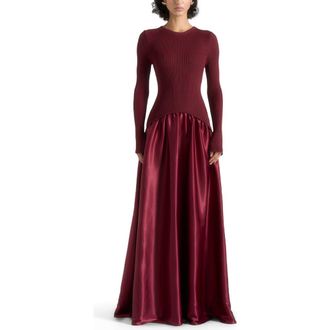 Mani&egrave;re De Voir Adeline Knit & Satin Curved Hem Maxi Dress in Wine Red at Nordstrom, Size 10