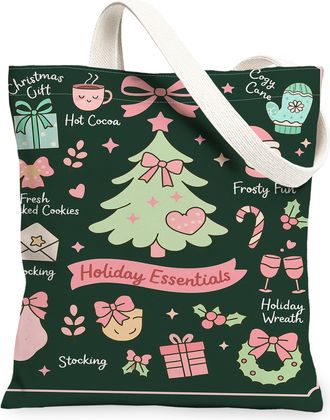 Generic Christmas Tree Canvas Tote Bags, Festive Holiday Print Reusable Grocery Bags, Cozy Vintage Lightweight Washable Shoulder St, Green, 13x15 Inch