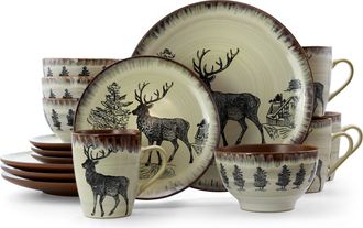 Elama Majestic Wolf 16 Piece Luxurious Stoneware Dinnerware with Complete Setting for 4