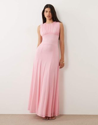Asos Vestito lungo in rete rosa confetto con dettaglio raccolto