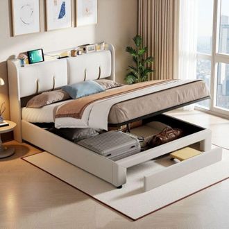 OEM Cama Doble 160x200 - Cofre Hidr&aacute;ulico - Terciopelo Blanco - Metal Dorado - Iluminaci&oacute;n Led