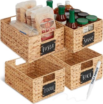 Best Choice Products Set of 4 12in Woven Water Hyacinth Pantry Baskets w/ Chalkboard Label, Chalk Marker