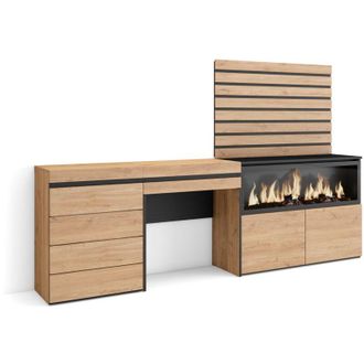 Skraut Home Tocador, Dormitorio Habitaci&oacute;n, 234x145x35 Cm, Con Caj&oacute;n, Chimenea El&eacute;ctrica Xxl, C&oacute;moda, Cajonera, Listones Decorativos, Estilo Moderno, Roble - Skra