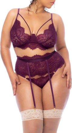 Mapal&eacute; Eyelash Lace Underwire Bra, Thong & Garter Belt Set in Wine at Nordstrom, Size 1X
