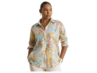 Lauren Ralph Lauren Plus Size Relaxed Fit Floral Linen Shirt Womens Clothing Cream/Blue : 3X