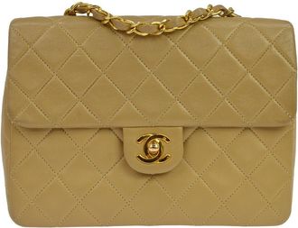 Chanel Retro Classic Square Flap Quilted Goatskin Beige Calfskin Handbag (Pre-Owned)