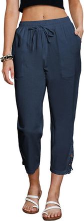 SHEKINI Womens Casual Pants Wide Leg Cropped Trousers Drawstring Elastic Waist Lightweight Baggy Capri with Pockets Navy Blue