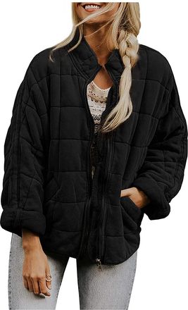 Generic Warm Winter Coats for Women UK, Solid Colour Lightweight Ladies Quilted Jacket with Pockets, Long Sleeve Warm Winter Coats with Full Zip, Puffer Jacke