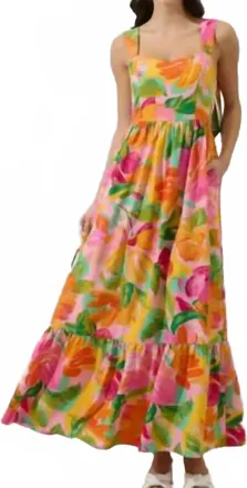 Peach Love California Floral Smocked Maxi Dress In Pink Multi