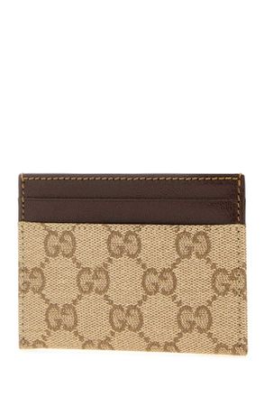 Gucci Mens Card Case Beige Cotton Linen Polyurethane Wallet