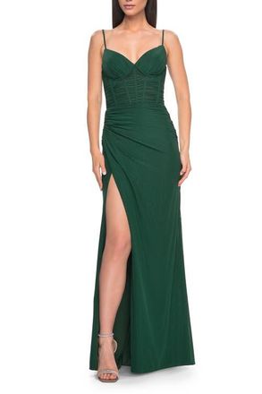 La Femme Net Jersey Fitted Dress with Ruched Bustier Top in Dark Emerald at Nordstrom, Size 12