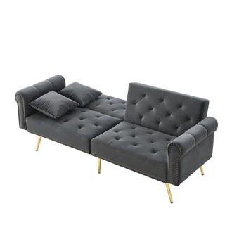 STILVORA Clic-clac 2 Plazas En Terciopelo Con Respaldo Ajustable 3 Posiciones, Patas De Metal Dorado Y 2 Cojines, Gris Antiguo