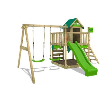 Fatmoose Parque Infantil De Madera Jazzyjungle Con Columpio Y Tobog&aacute;n Casa De Juegos De Jard&iacute;n Con Arenero Y Escalera Para Ni&ntilde;os - Verde Manzana - Fatmoose