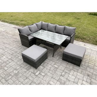 Fimous 8 Seater Outdoor Rattan Garden Furniture Set with Rectangular Dining Table 2 Big Footstool Patio Wicker Corner Sofa Set Dark Grey Mixed - Fimous