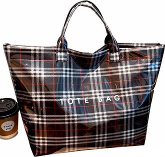 Generic Christmas Plaid PVC Tote Bag for Women Letters Print Tote Bag Plastic Handbag with Tops Handle (A)
