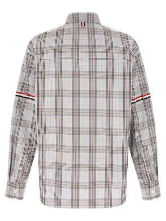 Thom Browne Plaid Cotton Poplin with RWB Grosgrain Bands Shirt - Gray