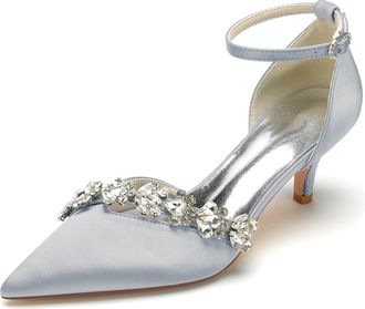 Minitoo Womens Wedding Shoes Low Heel Pointed Toe Evening Formal Pumps with Rhinestone BR107 Silver UK 6.5