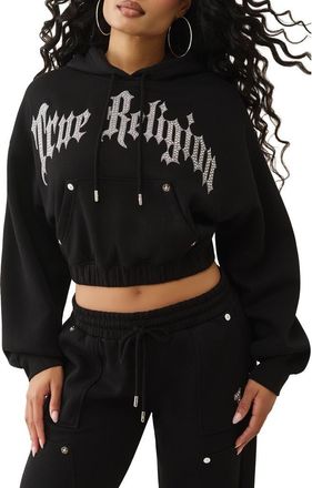 True Religion Embellished Logo Crop Hoodie in Jet Black at Nordstrom, Size Small