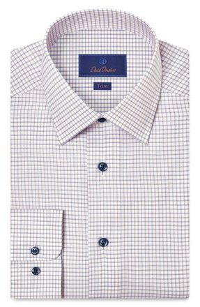 David Donahue Trim Fit Check Cotton Dobby Dress Shirt in White/Orange at Nordstrom, Size 14.5 - 32