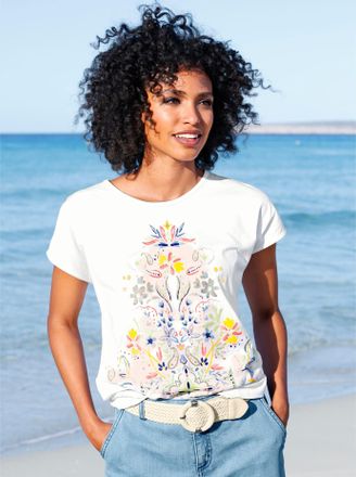 Heine T-Shirt HEINE T-Shirt, Damen, Gr. 36, rosa (wei&szlig;, hellros&eacute;, bedruckt), 100% Baumwolle, bedruckt, gebl&uuml;mt, gemustert, mehrfarbig, Rundhals, Shirts T-Sh