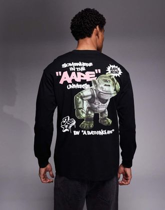 Aape By A Bathing Ape AAPE by A Bathing Ape - T-shirt a maniche lunghe nero sporco con stampa sul retro