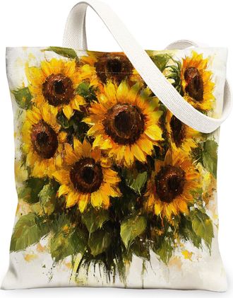 Generic Spring Sunflower Flower Canvas Tote Bag for Shopping 13x15, Watercolor Florals Plant Reusable Grocery Print Pattern Bag for Women, Botanical Beach Aes