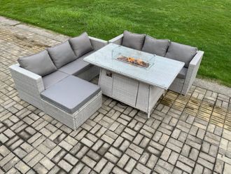 Fimous Garden Dining Sets Outdoor Rattan Furniture Gas Fire Pit Dining Table Gas Heater with Big Footstool in Light Grey