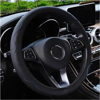 OEM Funda De Cuero Para Volante - Funda Universal Para Volante De Coche - Mejora El Agarre - El&aacute;stica Y Transpirable - 37-38 Cm - Negro Azul
